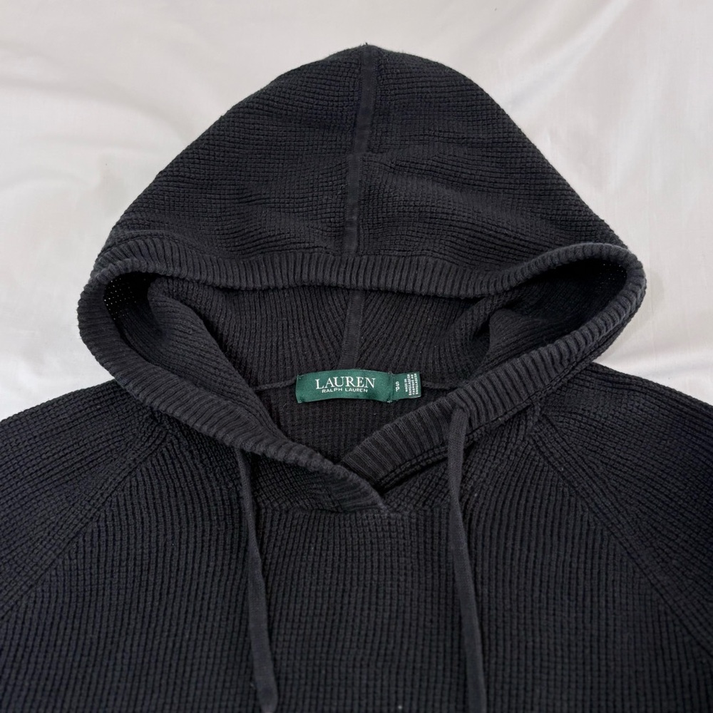Ralph Lauren Black Waffle-Knit Hooded Long Sleeve Women’s Pullover Shirt Sz S - Picture 9 of 9